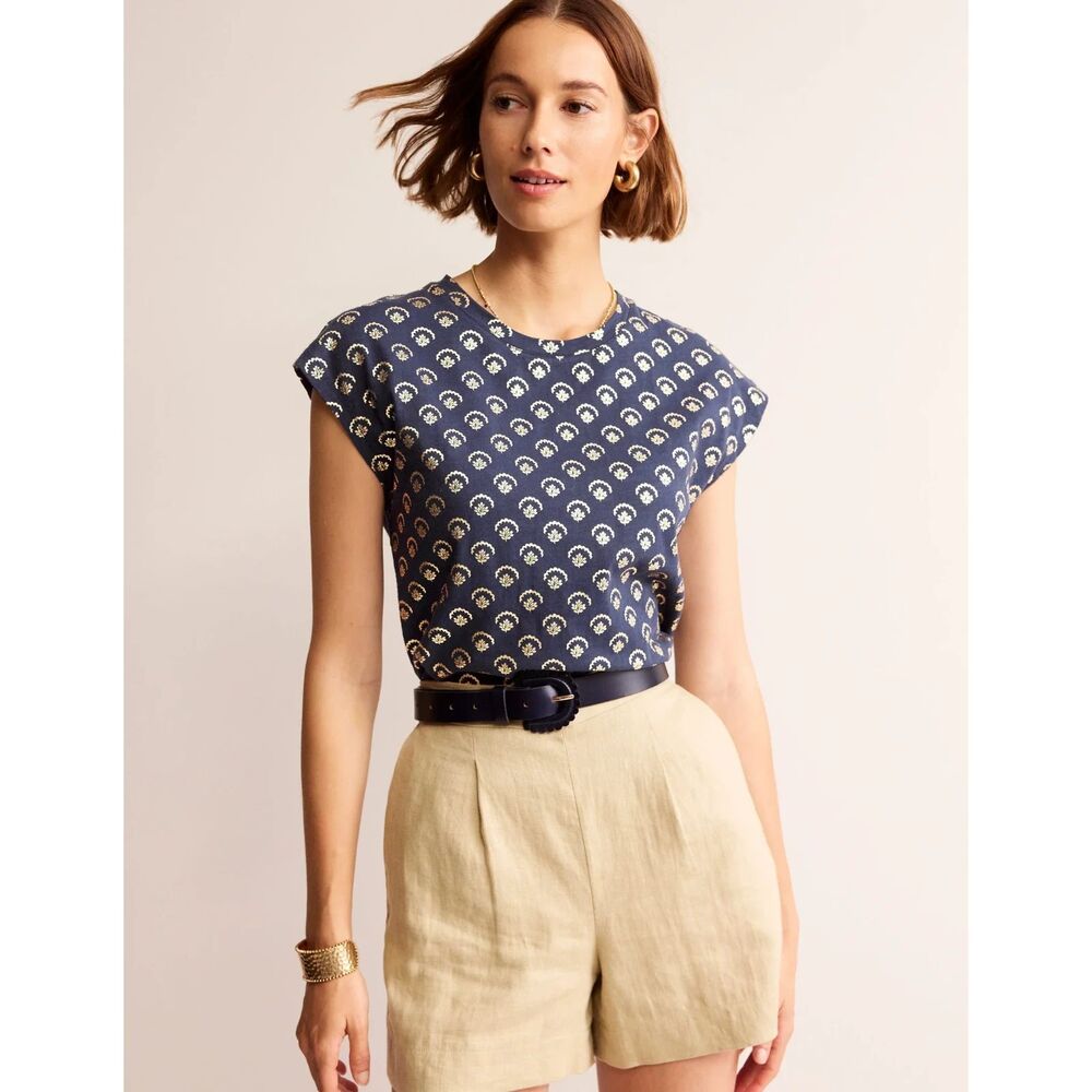 Boden Louisa Slub Tee Navy Gold Metallic Print Size S